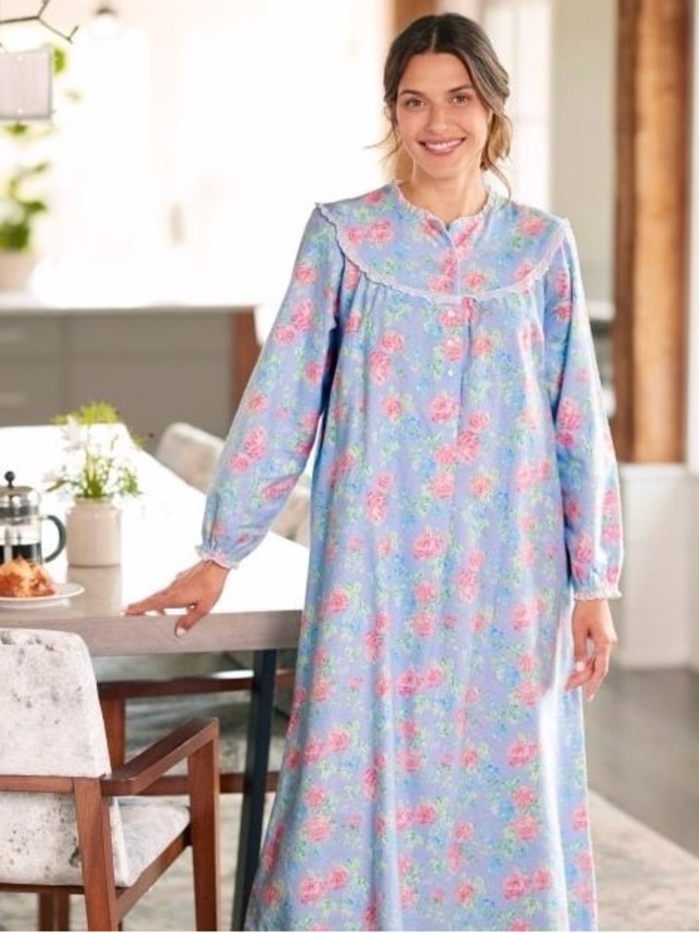 Lanz Of Salzburg Flannel Nightgown Nantucket Rose Periwinkle Blue / Pink Midi